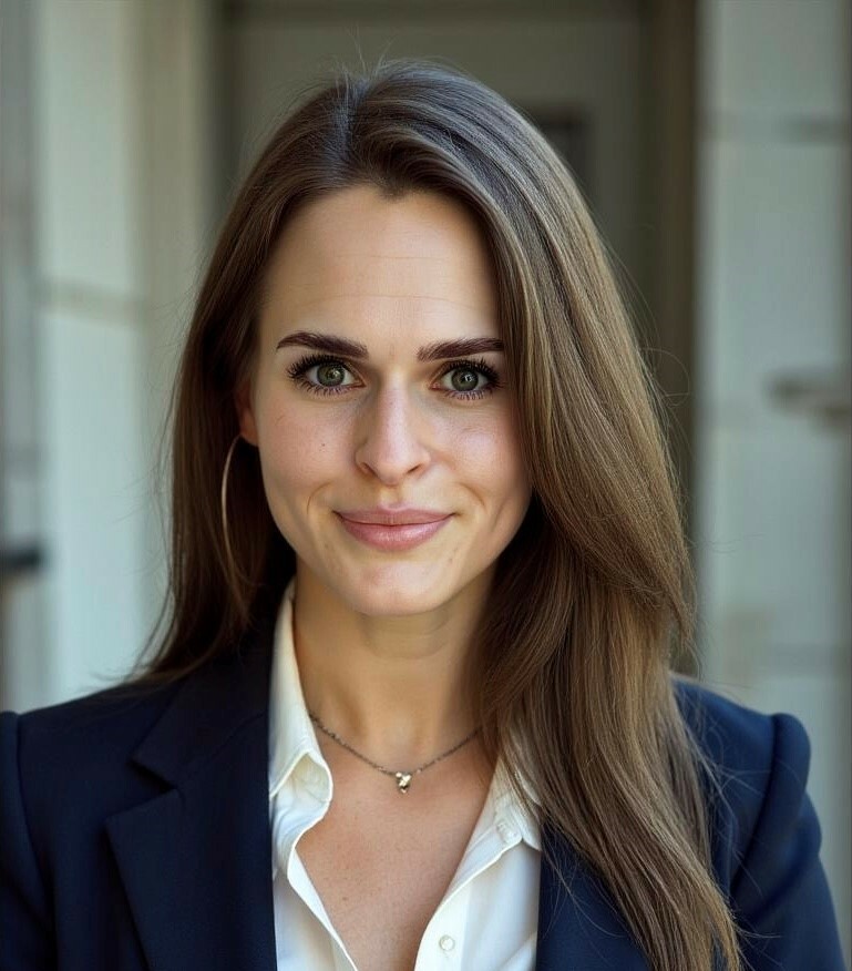 Eine Frau mit braunen Haaren und einem blauen Blazer lächelt in die Kamera. Sie trägt eine weiße Bluse und eine Halskette.